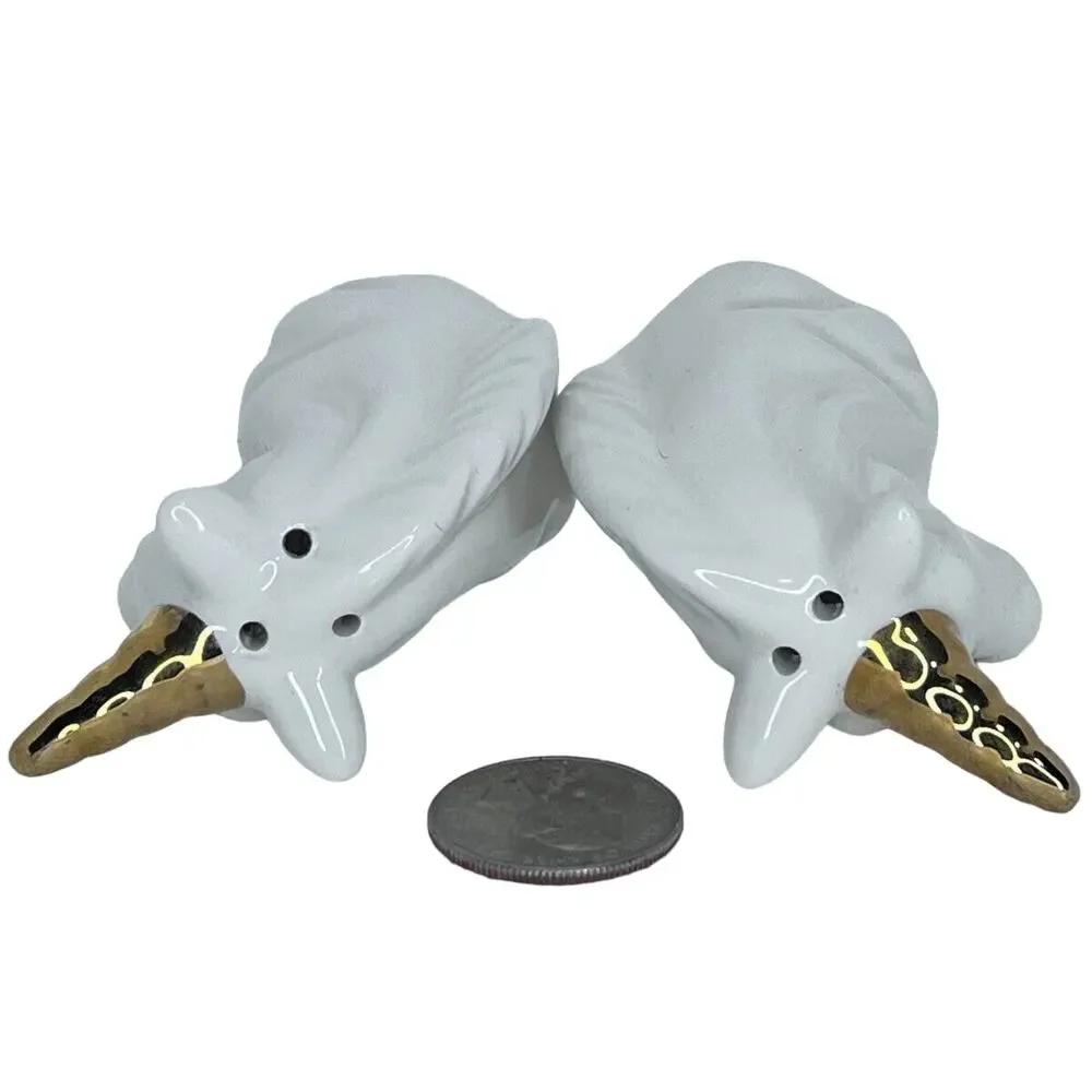 Porcelain Unicorn Salt & Pepper Shakers with Gold Horns, Whimsical Decor Vintage